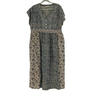 Marketplace Handwork of India Blue Floral Block Print Maxi Dress Embroidered 1X